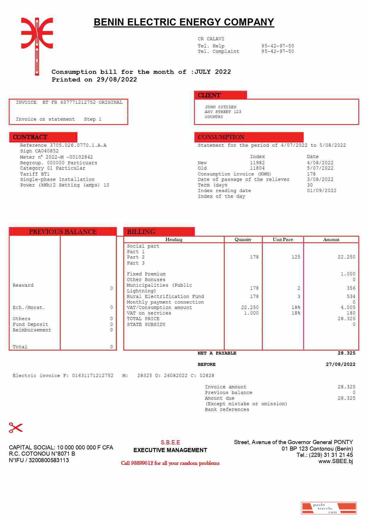 Benin Electric Company Word and PDF utility bill template